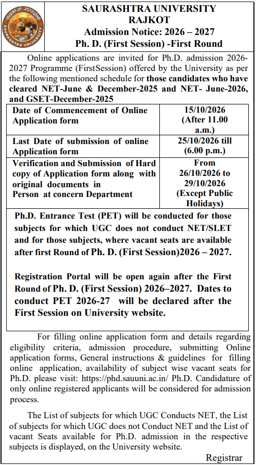 Ph.D. Admission 2026-27 1st Round